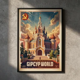 A image of a decadent and decaying soviet poster for Communist Disney World park hanging in a concrete wall, photorealistic, warm lighting