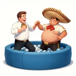 bill burr fighting a fat mexican man in a ball pit, book illustration