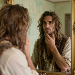 beguiling handsome man looking at himself in the mirror and seeing a ragged hippy as his reflection, artists impression, dreamy fairytale