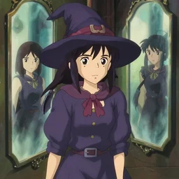 a young witch in a hall of mirrors, [ [ [ anime by yoshitoshi abe, serial experiments lain, haibane renmei, texhnolyze ] ] ] studio ghibli, makoto shinkai, crisp and sharp, clear cute face, cel shaded