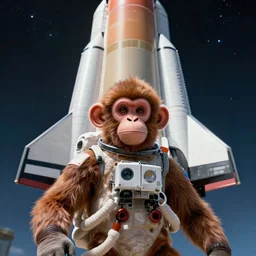an astronaut monkey in front of a spacex falcon rocket, from love death and robots ( 2 0 1 9 ). render octane, digital art, digital influence of time and space. coherent portrait, intricate, elegant, suspense environment, digital photo, trending on artstation, hdr photo, smooth, sharp focus