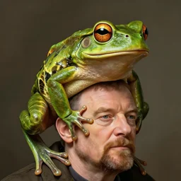 a frog sitting on walter white's head, intricate, highly detailed, digital painting, artstation, concept art, smooth, sharp focus, illustration, unreal engine 5, 8 k, art by artgerm and greg rutkowski and alphonse mucha