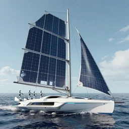 futuristic sailship with solar panels mid-journey with robot sailors