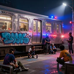 urbanpunk - graffiti artists tagging a train in inner city new york, urban youth street clothing, spray cans, friends, graffiti street art, police flashing lights blue an red, spotlight, octane render, unreal 5, 8 k depth of field, highly - detailed, in the style of boondocks