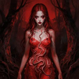 beautiful girl with worms coming out of her stomach, lovecraftian horror, red and black color palette, in the style of wlop and greg rutkowski and ilya kuvshino