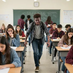 zombies chasing a group of college students in science class