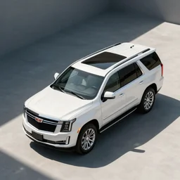 A photo of a white SUV based on a Cadillac Escalade and Chevrolet Tahoe, overhead angle