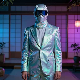 character design, portrait, ninja  gaiden in a suit made of iridiscent fabric, radio goggles, iridiscent, cinematic lighting at night, neon, indoor, japanese villa  syd mead, tim walker, roger deakins, masterpiece, fashion design