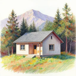 colored pencil brutalist house on a secluded mountain with trees around