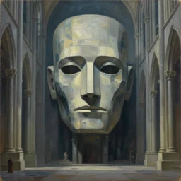 brutalist giant sacred robot visage, portrait, cathedral, dystopian, pj crook, edward hopper, oil on canvas