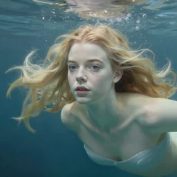Painting of Anya Taylor-Joy underwater, long blonde hair, delicate, pale milky white porcelain skin, by Edward Hopper. 8K. Extremely detailed.