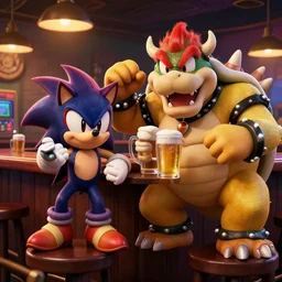 an ultradetailed 3 d render of shadow the hedgehog and bowser sitting in a bar drinking beer, dive bar with a karaoke machine, volumetric lighting, 4 k, octane render, art by greg rutkowski and alphonse mucha and andreas rocha and albert bierstadt
