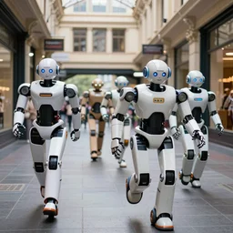 A photo of robots running through Adelaide Arcade in Adelaide, Australia, High detail, realistic photo