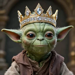 Yoda with a diamond jeweled crown with a golden crown, photo-realistic, highly detailed, 8k, in the art style of Filip Hodas, 8k