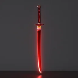 a vertical!! red glowing katana!! with an ornate handle floating in the air on display, artstation