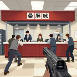 a screenshot of a multiplayer first person perspective bank robbery simulator game, Set in Tokyo, anime style graphics inspired by Ghost in the shell + Akira + Cowboy Bebop, Unreal engine, Highly Detailed, Vibrant, created by Arc System Works + Hideo Kojima + Studio Gainax