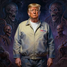 donald trump in a prisoner's outfit, cosmic horror painting, elegant intricate digital painting artstation concept art by mark brooks and brad kunkle detailed