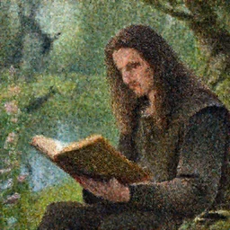 a man with long hairs reads an old celtic book, a pond with flowers and raven in the background, art by alan lee and James Jean and Wayne Barlowe, high detail, cinematic, cgsociety 8k