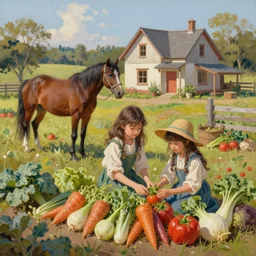 gorgeous old classic farm, vegetables, one beautiful detailed horse in the back, cute farmhouse, cinematic, slightly vibrant palette, trending on artstation, digital art, oil on canvas, by lulu chen and lynn chen