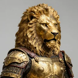 highly detailed lion armor helmet and chest piece. close up photography. ancient armor. gold.
