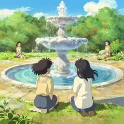 2 girl playing near a fourtain, epic perspective, illustration concept art anime key visual trending pixiv fanbox by wlop and greg rutkowski and makoto shinkai and studio ghibli