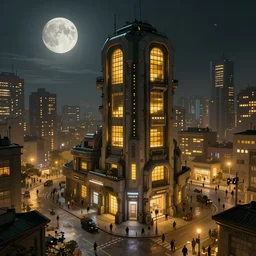 small building, city, street view, science fiction, cyberpunk, wide angle, full of people, moon, a lot of yellow lights, cinematic lighting, high detail, digital painting, concept art, illustration, smooth, sharp focus, trending on artstation, trending on deviantart, 4 k