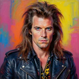 apocalyptic orcish biker character posing for a professional photo, psychedelic vibrant colors, punk rock fashion, oil painting by michael whelan art, perfect face, sharp focus, detailed eyes, realistic, long hair, leather jacket, 8 0 s hairstyle, 8 k