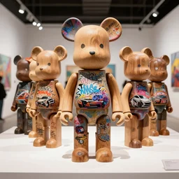 8 k octan, advertising, photo, a totally wooden figurine collectible art toys wooden on feet, funny very concept car cyberpunk, graffiti colored, a contemporary art gallery, symetrical, naturalism, masterpiece of art, no finito, design showroom, dealership, indoor display, convention, exhibition cyberpunk