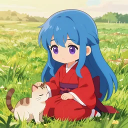 A cute little anime girl with long blue hair, wearing a red shrine maiden uniform, in a large grassy green field, petting a cat, golden hour, detailed purple anime eyes