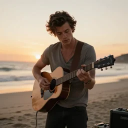 Shawn Mendes en la playa tocando la guitarra at sunset