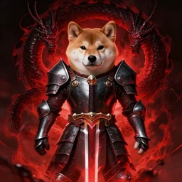 anthropomorphic shiba inu, berserk anime : the berserker armor and the dragon slayer sword, red black aura, fantasy, dark, portrait art by donato giancola and greg rutkowski, realistic face, digital art, trending on artstation, symmetry
