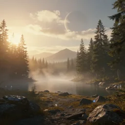 epic crystalline forest with a lake, golden hour, misty ground, rocky ground, distant mountains, hazy, foggy, atmospheric perspective, altostratus clouds, planets, cinematic, 1000mm lens, anamorphic lens flare, photographic, octane render, cinematography by roger deakins, in the style of ansel adams, low details,