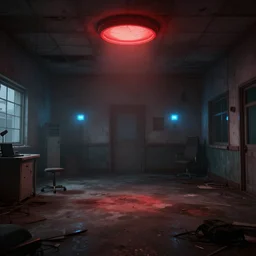 an abandoned hospital room with red ceiling lighting and several blue lights on the walls, gloomy and foggy atmosphere, octane render, artstation trending, horror scene, highly detailded