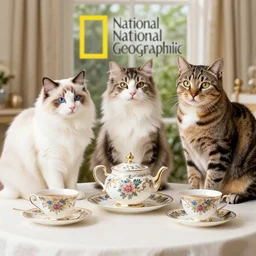 3 cats ( two calico and one tabby ) sitting at a table enjoying fancy english tea, award winning national geographic photo