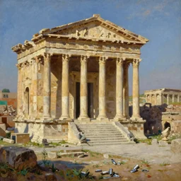 High-Quality realist painting of the ruins of a Roman temple in Syria by Gustave Courbet, colorful, very detailed, oil on canvas.