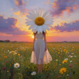 wearing giant daisy flower head, full body girl standing in a flower field, surreal photography, sunrise, dramatic light, impressionist painting, colorful clouds, digital painting, artstation, simon stalenhag