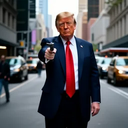 “Very photorealistic photo of Donald Trump standing in the middle of Fifth Avenue with a gun, atmospheric lighting, award-winning details”
