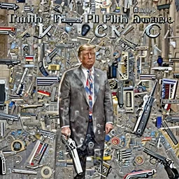 “Very photorealistic photo of Donald Trump standing in the middle of Fifth Avenue with a gun, atmospheric lighting, award-winning details”