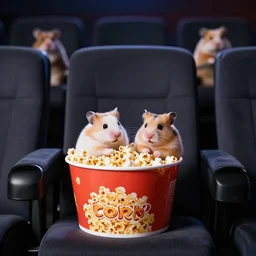 photo of two hamsters, bucket of popcorn next to them on a cinema seat, various poses, unedited, dim light, sharp focus, 8 k