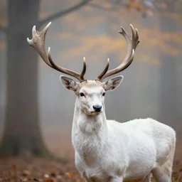 a beautiful illustration of a white deer with antler, in a forest, autumn, volumetric light, depth of field, fantasy, morning light, mist, dreamy atmosphere, cinematic shot, high definition, detailed