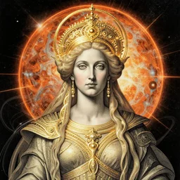portrait of the powerful empress of the solar system in the style of anna dittmann and in the style of albrecht durer. glowing, ornate and intricate linework, stunning, dynamic lighting, ultrafine and hyperdetailed.
