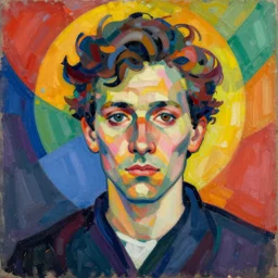 a close up portrait a very ordinary person, facing front, by Wassily Kandinsky, abstract, flat color, energetic, dynamic, colorful
