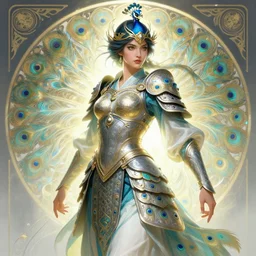 a female warrior in peacock armor, light effect, feminine, powerful, intricate, elegant, highly detailed, digital painting, trending on artstation, concept art, smooth, sharp focus, illustration, art by gaston bussiere and alphonse mucha