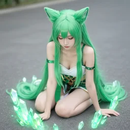 Beautiful girl with Ahri cosplay, green hair, glowing crystals on the ground, somber, scene of a summer forest with glowing blue wisteria , 8k hdr pixiv dslr photo by Makoto Shinkai and Wojtek Fus