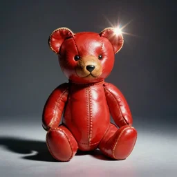 vintage analog product photography of a leather teddybear, 70s design, bright red, studio lighting, film grain, lensflare, color bleed, glare