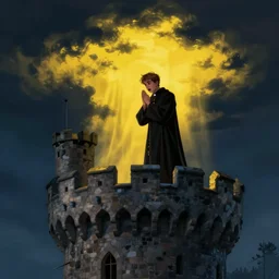 A terrified catholic priest in his twenties at the top of a medieval tower watches as an ominous yellow shadow descends upon him from the night sky. He is fervently praying. Dramatic lighting. Award-winning digital art, trending on ArtStation