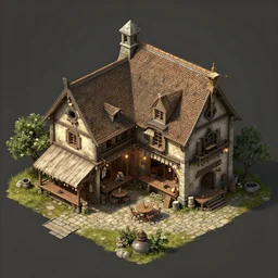 game design, architecture, medieval tavern building, outside view, isometric view, game art, game dev, concept, extremely high detail, photo realistic, cinematic lighting, post processed, concept art, artstation, matte painting, style by eddie mendoza, raphael lacoste, alex ross