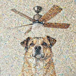 a detailed drawing of a dog with a ceiling fan as a head
