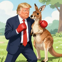 “anime key visual of Donald trump boxing a kangaroo, pixiv”