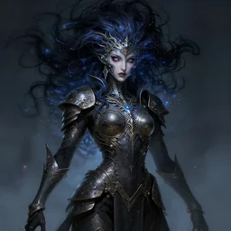 an concept art of the void queen, cosmic hair, one eye, intricate details, detailed face, detailed armour, artstation, epic pose, ambient light, by rembrandt